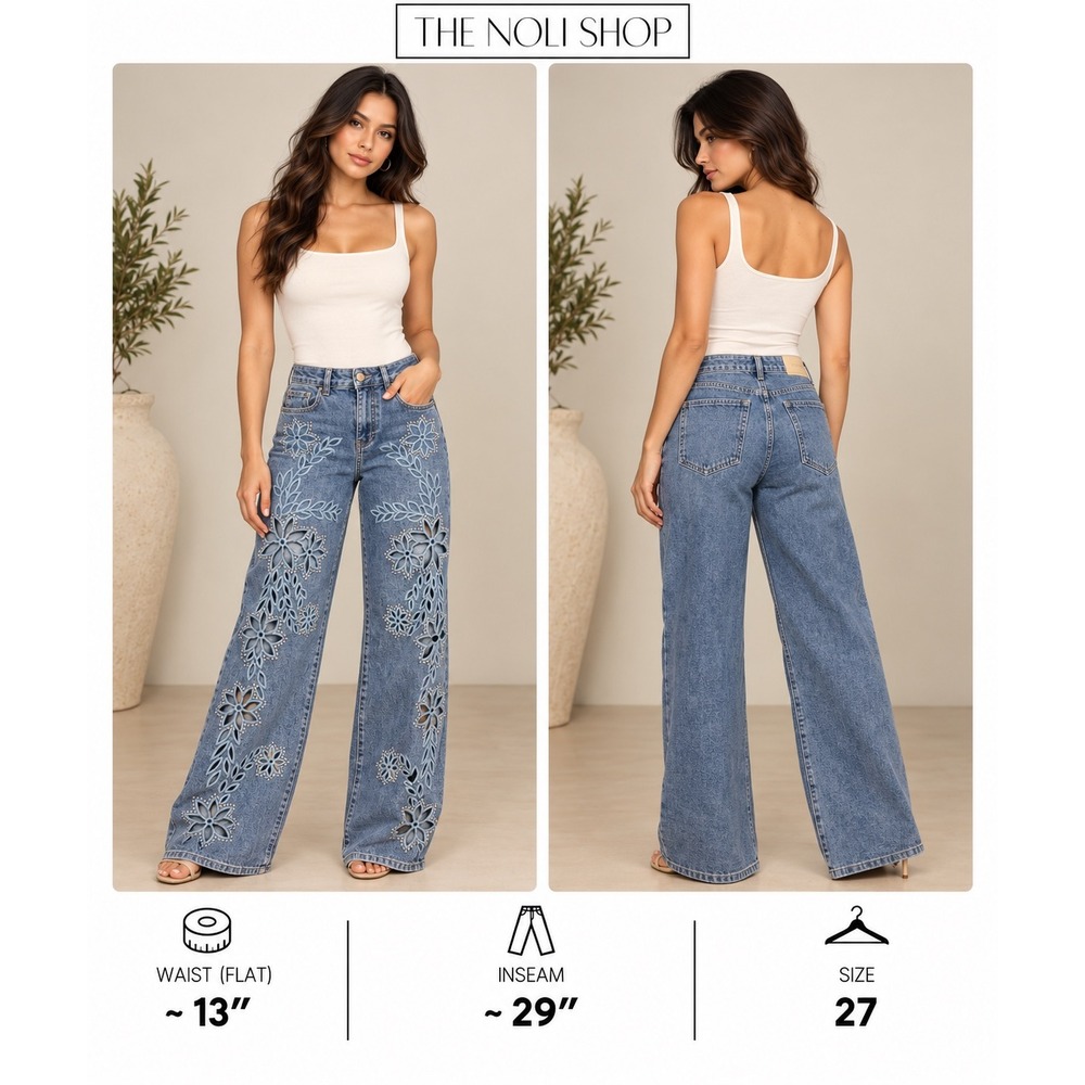 The Noli Shop Floral Cutout Wide Leg Jeans Rhinestone Blue Denim Size 27 Boho